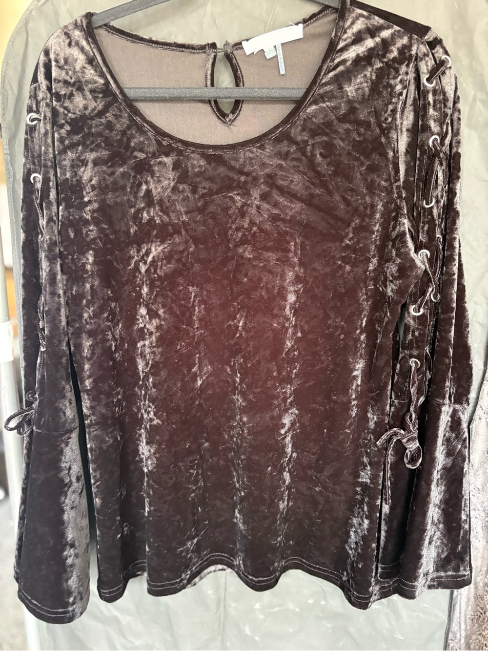 Crushed Velvet Lace-Up Long Sleeve Top - Black